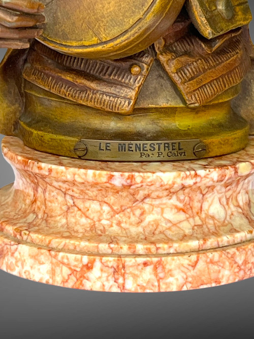 PIETRO CALVI 1833 - 1884 "IL MENESTRELLO" UOMO CHE SUONA IL BANJO IN GRES PATINATO