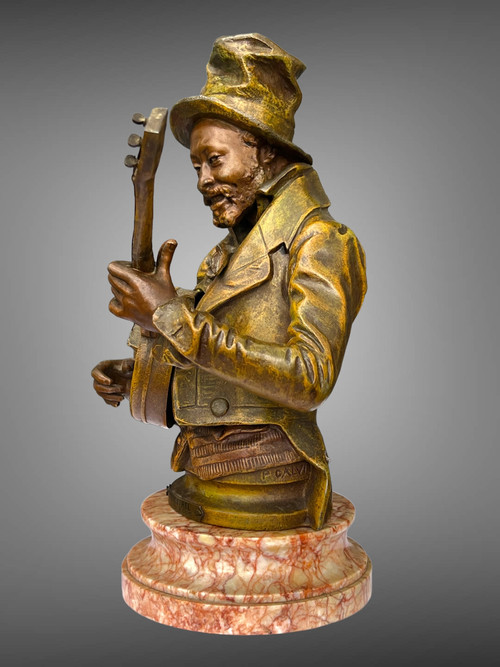 PIETRO CALVI 1833 - 1884 "IL MENESTRELLO" UOMO CHE SUONA IL BANJO IN GRES PATINATO