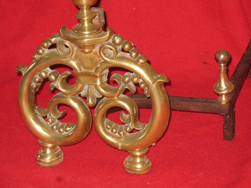 Paire de chenets landiers en bronze et fer forgé complets époque 19ème style Renaissance