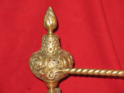 Paire de chenets landiers en bronze et fer forgé complets époque 19ème style Renaissance