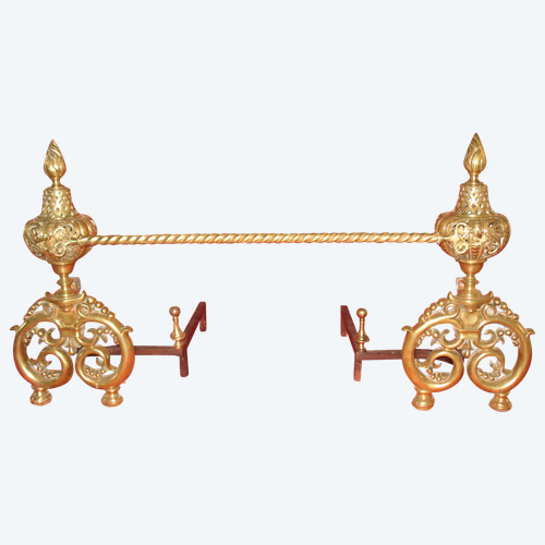 Paire de chenets landiers en bronze et fer forgé complets époque 19ème style Renaissance