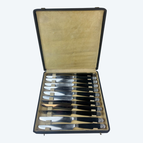 12 Table knives ebony handle silver ferrule