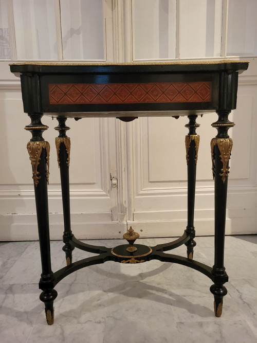 Small table in marquetry of various species and Napoleon II bronze