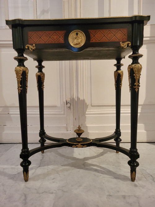 Small table in marquetry of various species and Napoleon II bronze