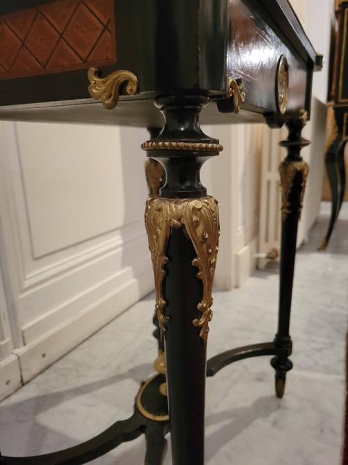 Small table in marquetry of various species and Napoleon II bronze