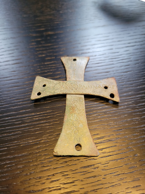 Processional cross of Byzantine iconoclasm in bronze with Greek inscriptions 7th - 8th century