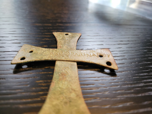 Processional cross of Byzantine iconoclasm in bronze with Greek inscriptions 7th - 8th century