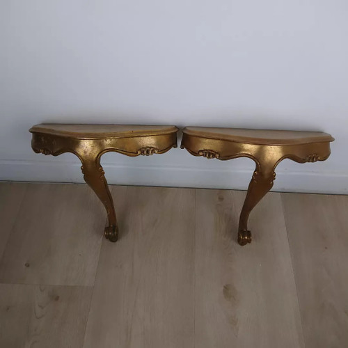 Coppia di consolle da parete dorate in stile veneziano