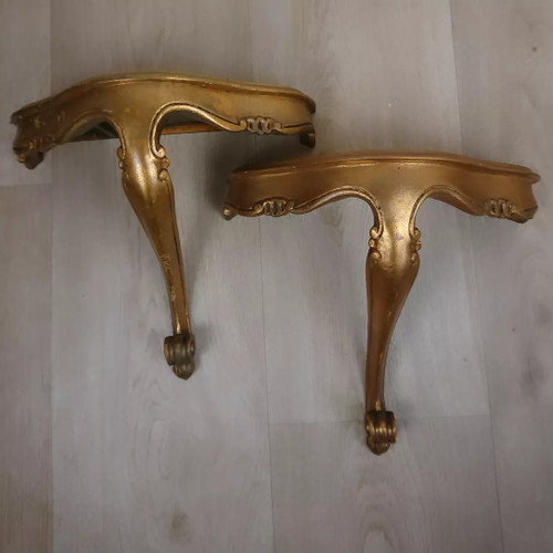 Coppia di consolle da parete dorate in stile veneziano
