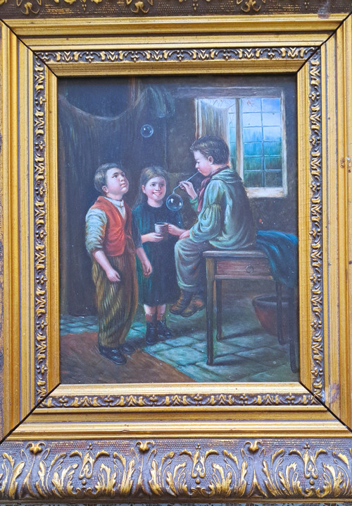 Ölgemälde auf gerahmter Holzplatte, Szene mit einer Gruppe von drei Kindern, die Seifenblasen blasen