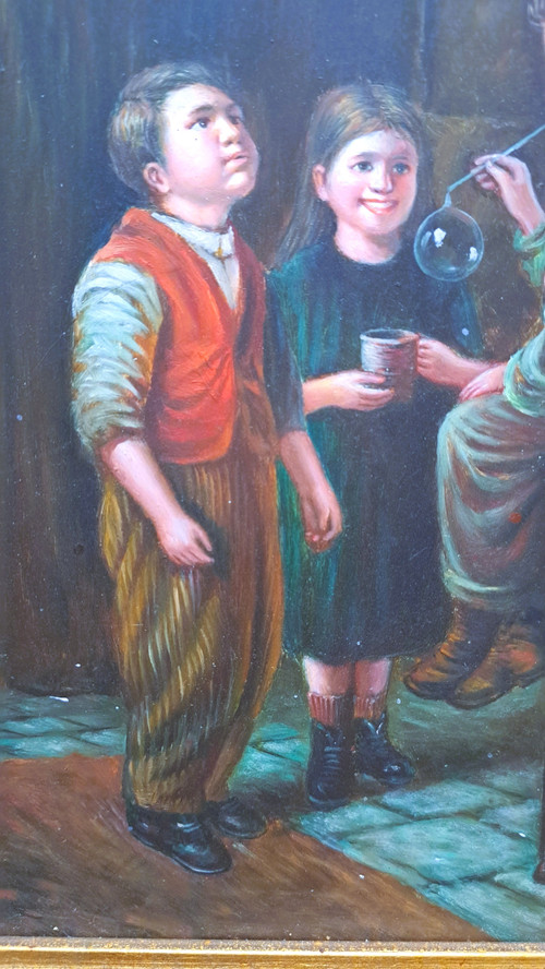 Ölgemälde auf gerahmter Holzplatte, Szene mit einer Gruppe von drei Kindern, die Seifenblasen blasen