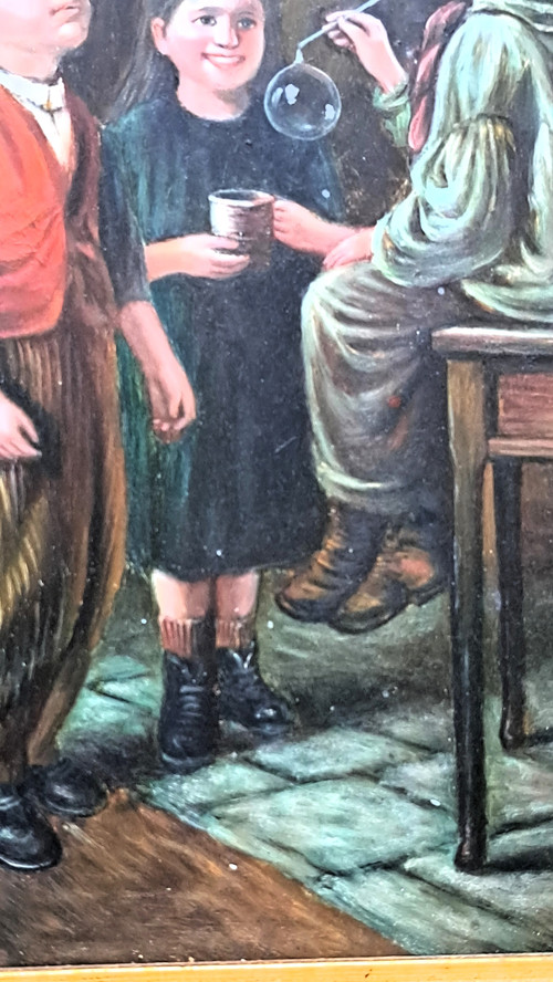 Ölgemälde auf gerahmter Holzplatte, Szene mit einer Gruppe von drei Kindern, die Seifenblasen blasen