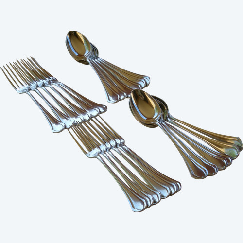 12 silver-plated dessert cutlery, “Printania” model, Christofle goldsmiths, 1960s
