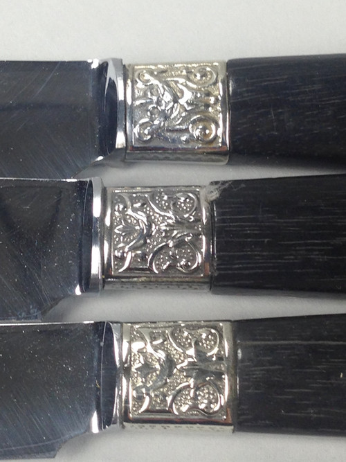 12 Table knives black handle with silver ferrules