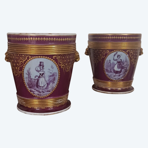 Vecchia Parigi, periodo Luigi Filippo, Napoleone III - grande coppia di vasi da fiori - sfondo viola e ricco