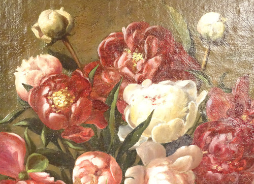 Große HST Georges Deully Stillleben Pfingstrosen Vase Schmuckschatulle 1876