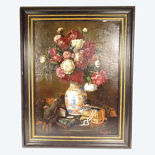 Große HST Georges Deully Stillleben Pfingstrosen Vase Schmuckschatulle 1876