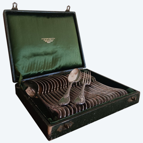 Christofle, modèle Trianon - coffret de 12 cuillers et fourchettes de table - métal argenté