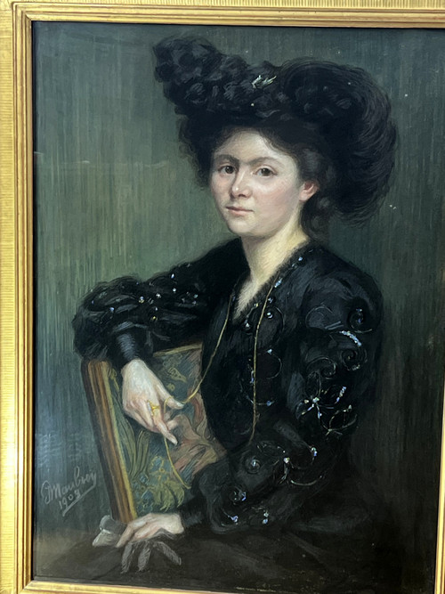 GROßES JUGENDSTIL-PASTELLGEMÄLDE, SIGNIERT „J.MOUBREY“, PORTRÄT EINER FRAU IN SCHWARZ