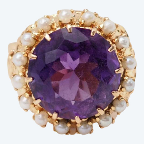 Vintage ring in rose gold, amethyst and fine pearls