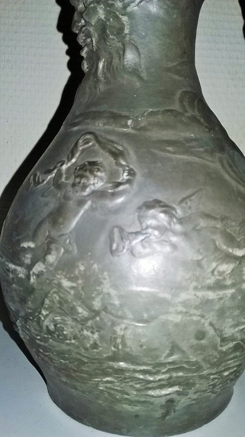 Pewter wine pitcher signed "Charles Perron circa 1900"