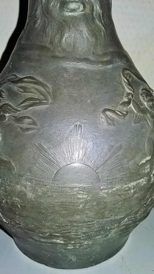 Pewter wine pitcher signed "Charles Perron circa 1900"