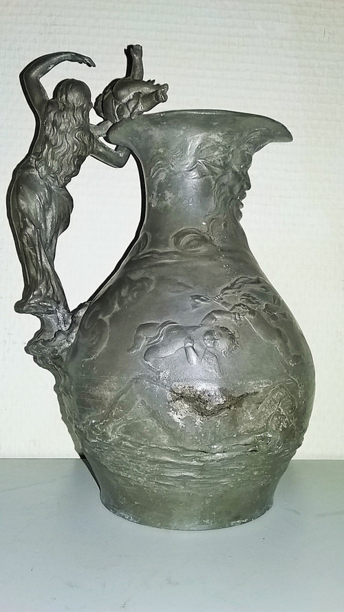 Pewter wine pitcher signed "Charles Perron circa 1900"