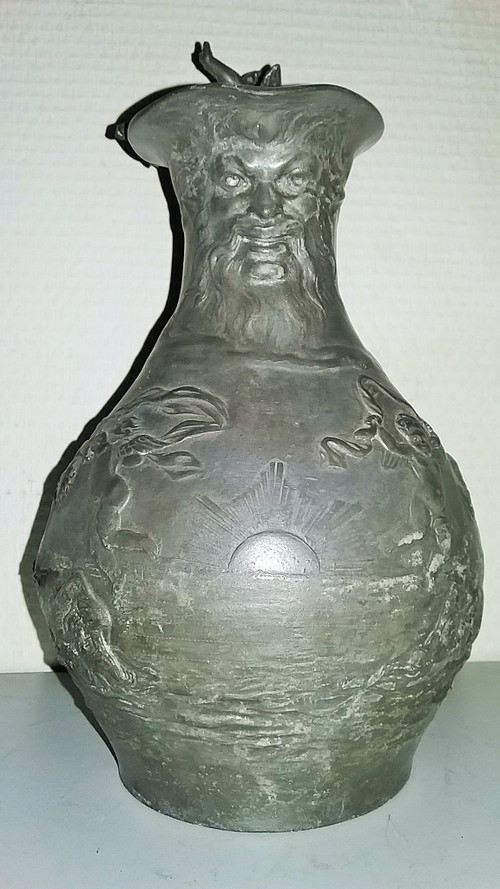 Pewter wine pitcher signed "Charles Perron circa 1900"