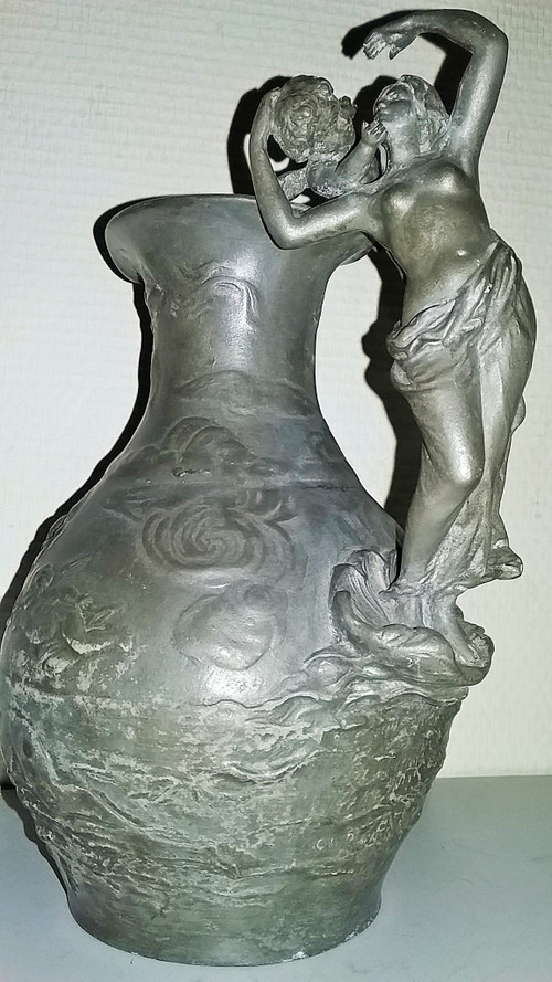 Pewter wine pitcher signed "Charles Perron circa 1900"