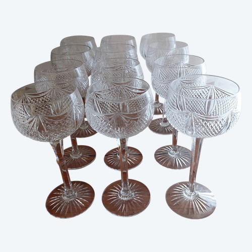 Series of 12 cut crystal stemmed wine glasses from the early 20th century