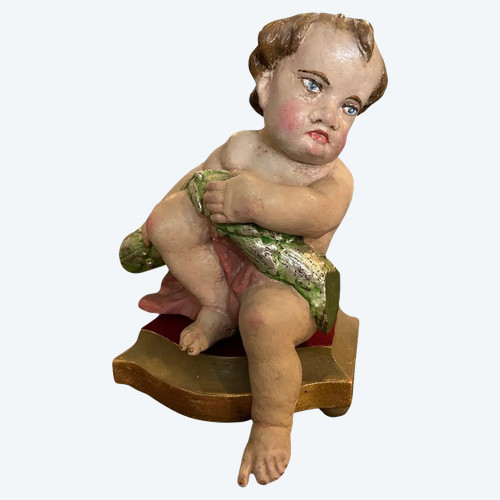 Early 18th Century Hand-Carved Polychrome Wood Baroque Italian Cherub