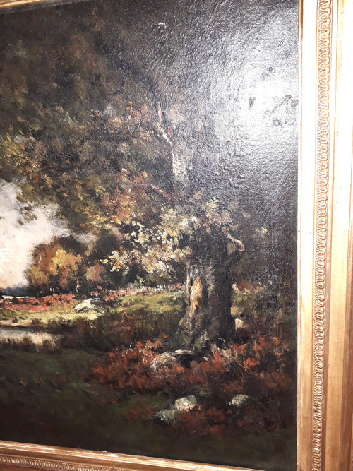 Pittura olio su tela vista su paesaggio sotto legno firmata Louis Joseph LEROY (1812-1885)