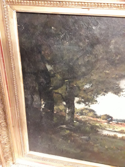 Pittura olio su tela vista su paesaggio sotto legno firmata Louis Joseph LEROY (1812-1885)