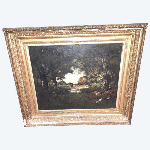 Pittura olio su tela vista su paesaggio sotto legno firmata Louis Joseph LEROY (1812-1885)