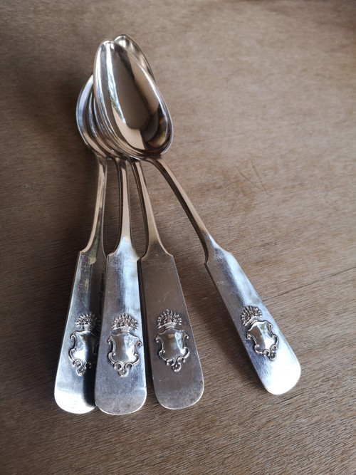 4 cuillères à soupe anciennes argent 875 poinçon Russe orfèvre Cyprian Labecki année 1881, XIXème