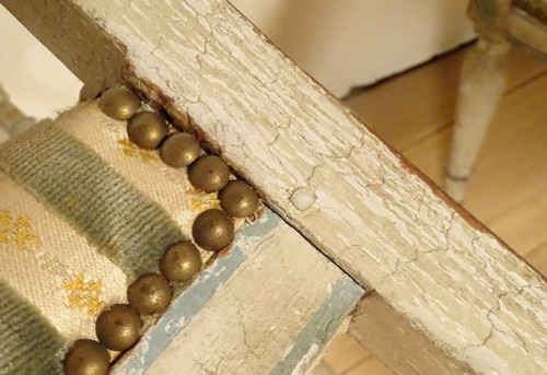 Coppia di poltrone Directoire in legno laccato con sedute a conchiglia Palmette Fine XVIII secolo