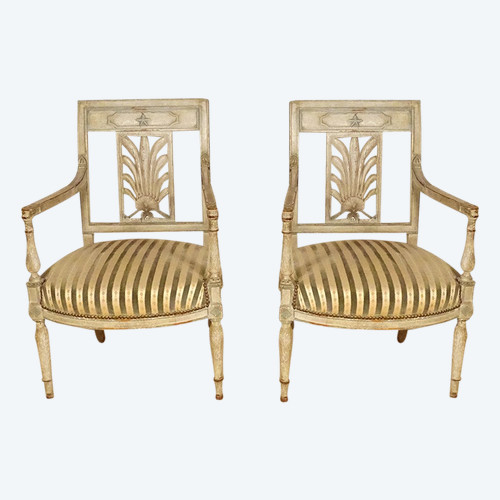 Coppia di poltrone Directoire in legno laccato con sedute a conchiglia Palmette Fine XVIII secolo