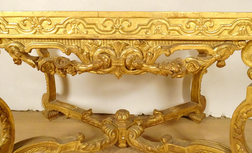 Console Louis XIV Bois Sculpté Doré Guirlandes Fleurs Coquilles XVIIIème