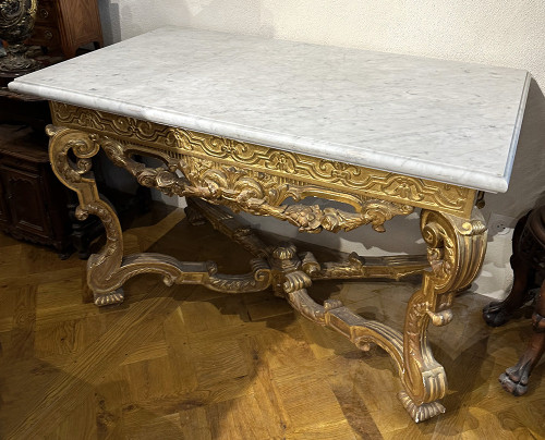 Console Louis XIV Bois Sculpté Doré Guirlandes Fleurs Coquilles XVIIIème