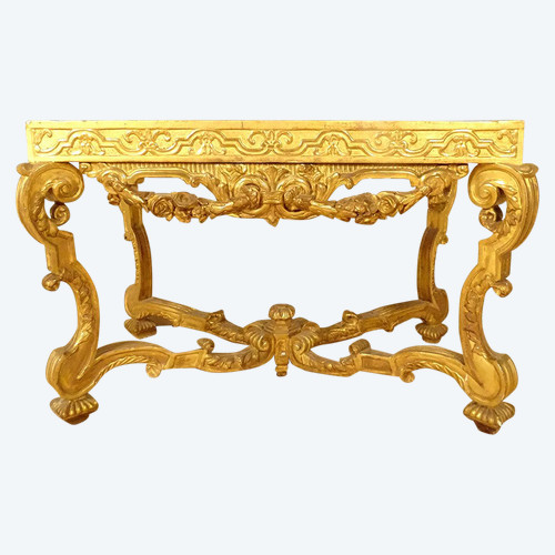 Console Louis XIV Bois Sculpté Doré Guirlandes Fleurs Coquilles XVIIIème