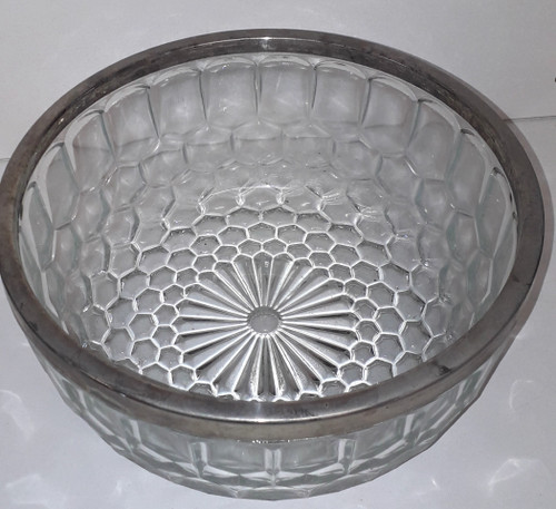 Round cut-crystal bowl with silver-plated metal rim mid-20th century