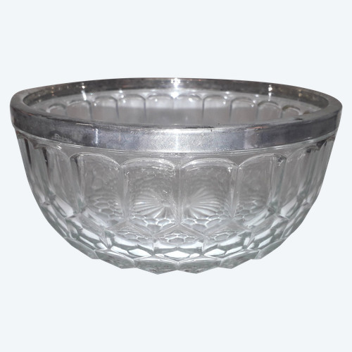 Round cut-crystal bowl with silver-plated metal rim mid-20th century