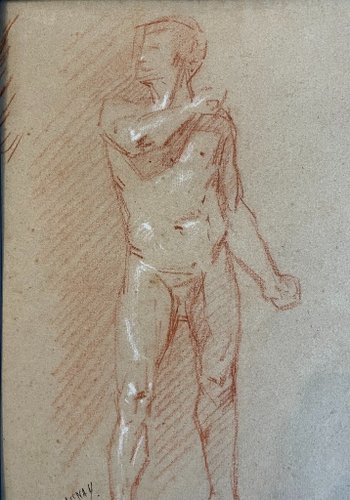 J. DELAUNAY. Accademia degli uomini. Diciannovesimo disegno a matita rossa.