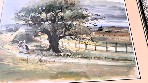 Paesaggio acquerellato campagna animata inizio XX secolo