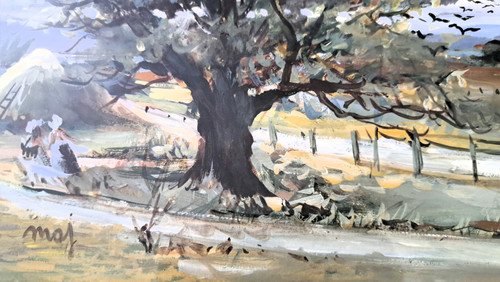 Paesaggio acquerellato campagna animata inizio XX secolo