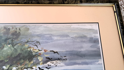Paesaggio acquerellato campagna animata inizio XX secolo