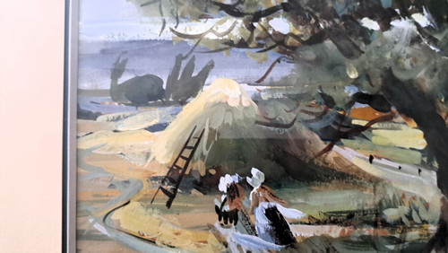 Paesaggio acquerellato campagna animata inizio XX secolo