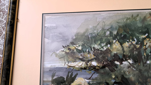 Paesaggio acquerellato campagna animata inizio XX secolo