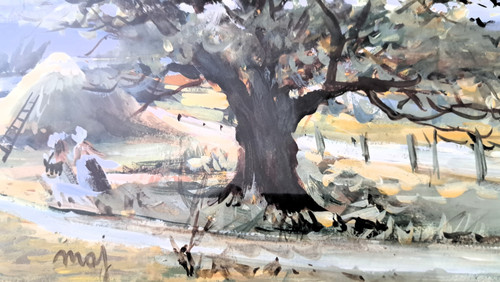 Paesaggio acquerellato campagna animata inizio XX secolo
