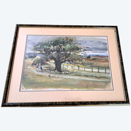 Paesaggio acquerellato campagna animata inizio XX secolo